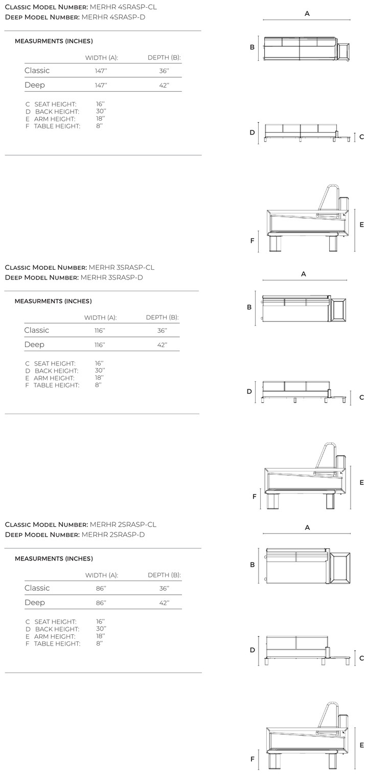 Modulo con bracciolo destro e tavolino Horizon dimensioni